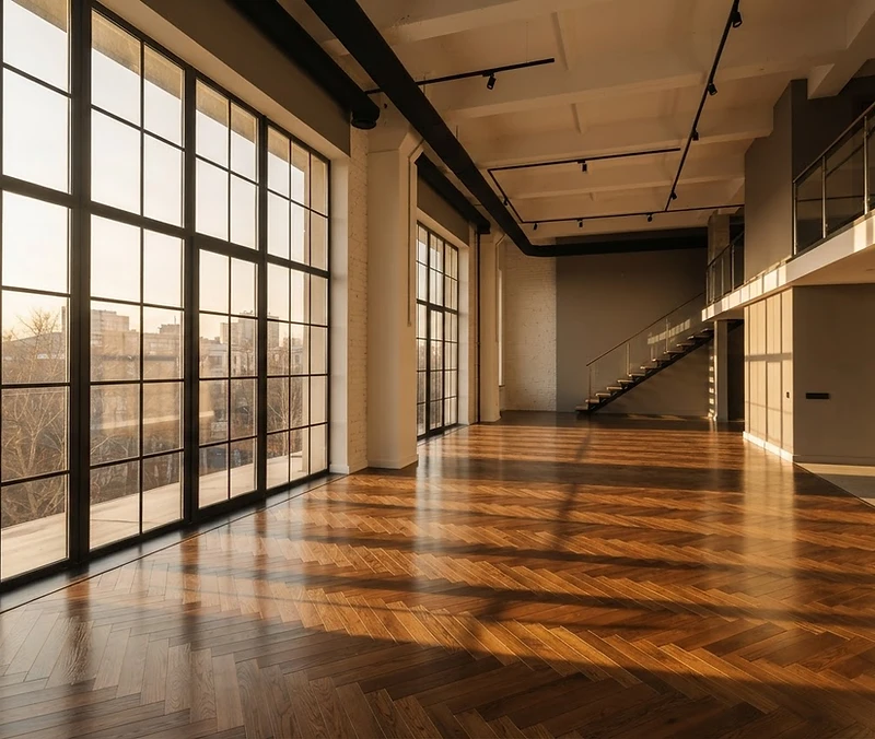 Durchgehende Parkettfläche in einem Loft