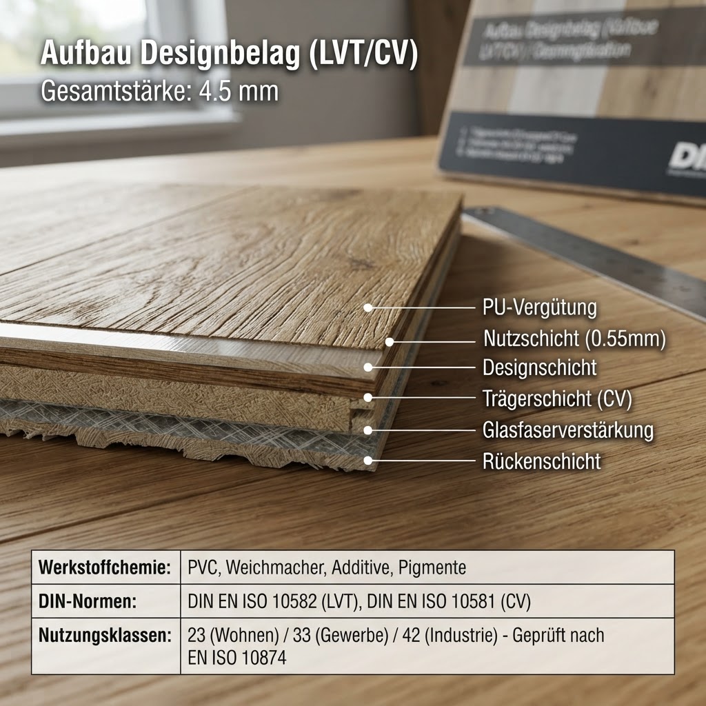 Designbelag, CV & Hart-PVC: Werkstoffchemie, DIN-Normen, Schichtaufbau und Nutzungsklassen – Bild 2