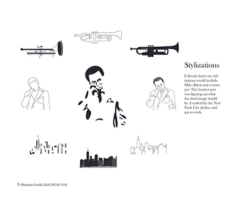 Process book — Stylizations of Davis, trumpet, and skyline