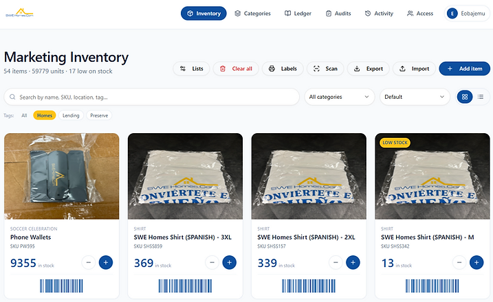 Grid view with item photos, brand filters, stock counts, and barcodes.