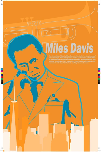 Kind of Blue informative poster — Miles Davis in blue on an orange field