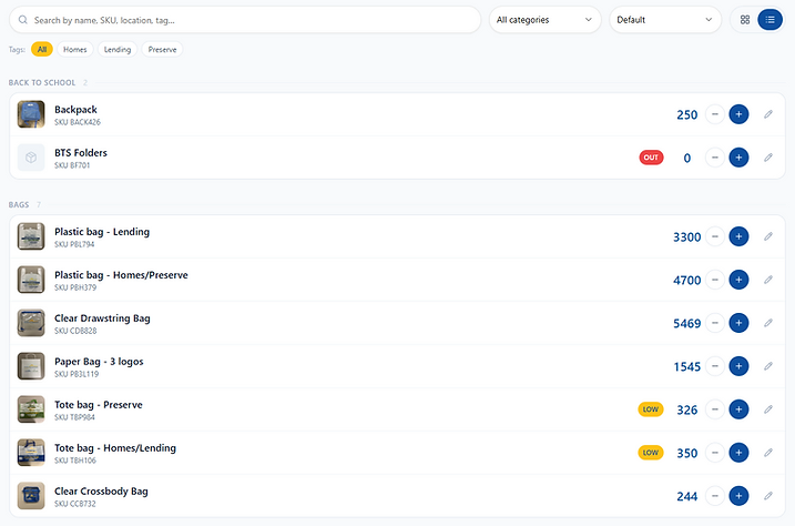 List view groups inventory by category for quick browsing and stock updates.