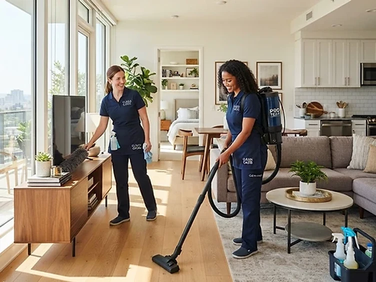 Equipo profesional de limpieza en apartamento turístico