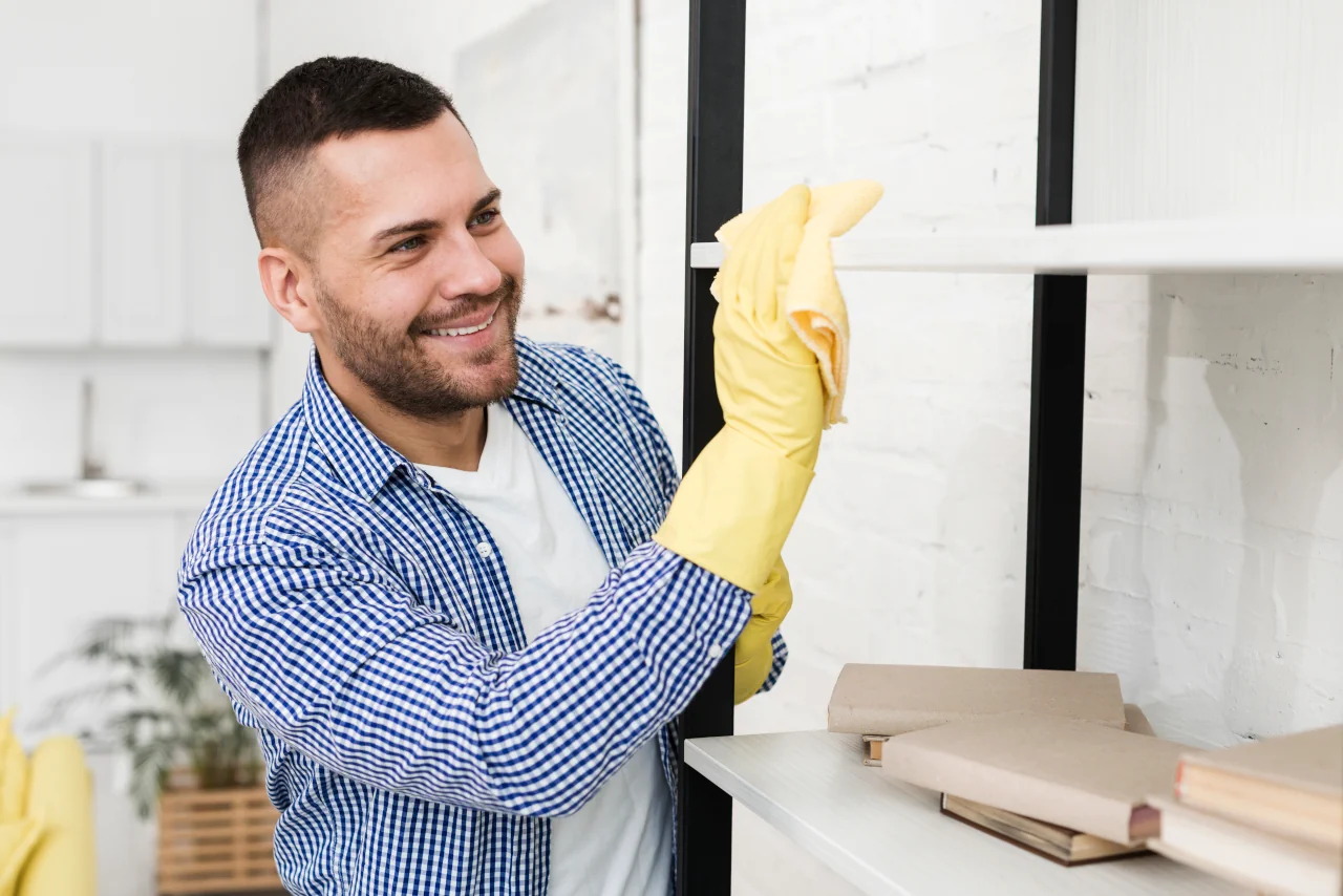 Profesional limpiando una estantería en apartamento turístico