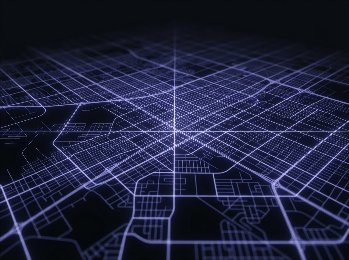 Abstract glowing city grid representing local search coverage