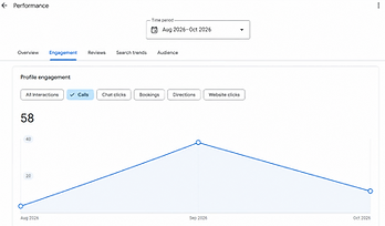 Screenshot of the same painting company's Google Business Profile call log for August to October 2026, showing 58 calls from Google after 90 days of profile work.