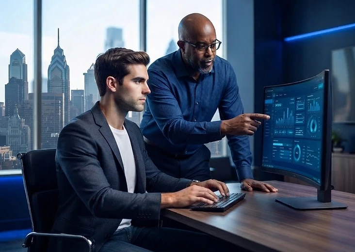 Two PhilaGraphix designers collaborating at a computer in a modern studio