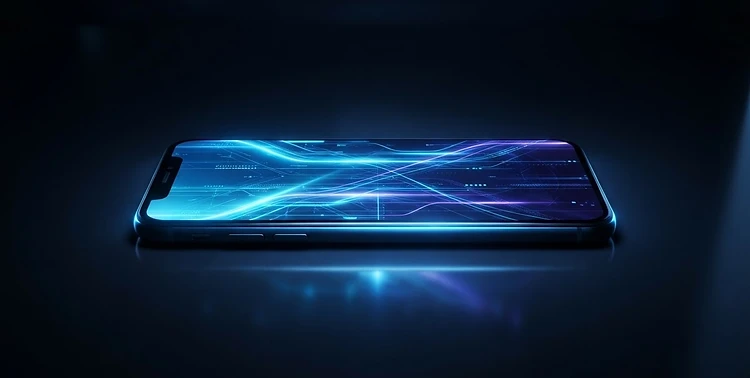 Futuristic smartphone app concept glowing on a glass surface