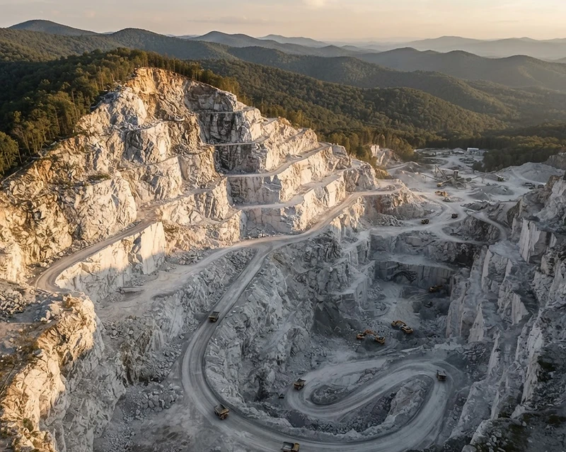 Aerial view of an active industrial quarry at golden hour