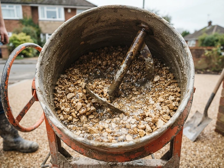 Clear resin being mixed with buff decorative aggregate in a forced action mixer