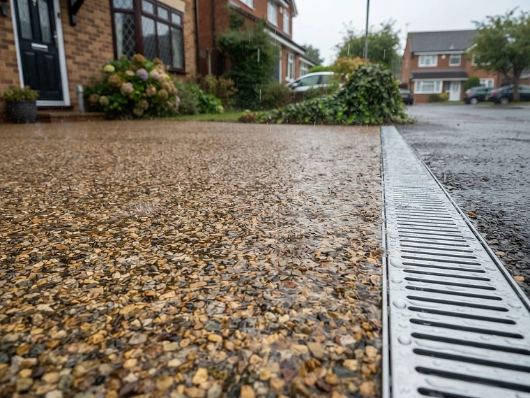 Rainwater passing through a resin-bound driveway surface beside a drainage channel