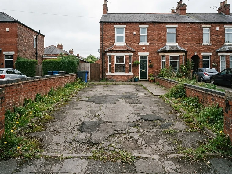 Cracked and patched ageing tarmac driveway with weeds at the edges in front of a red-brick house