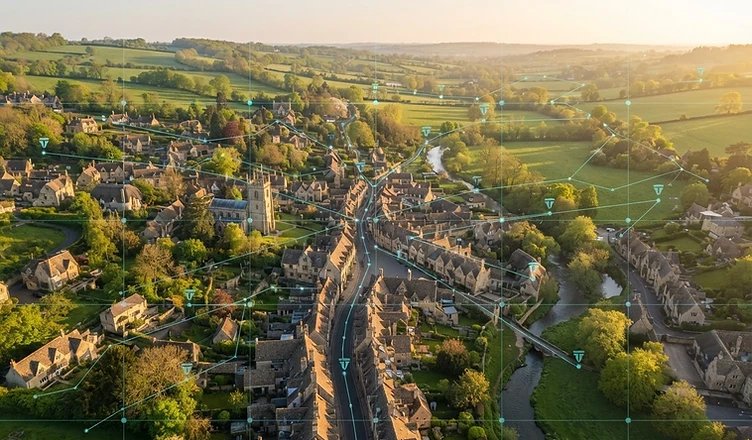 Aerial view of a Wiltshire market town at sunrise