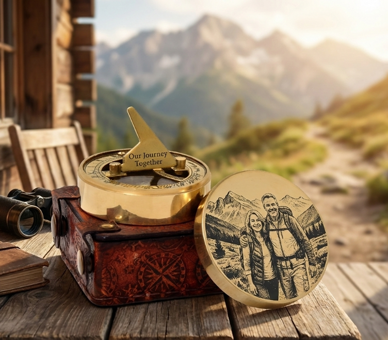Personalized antique brass sundial compass with engraved portrait at golden hour