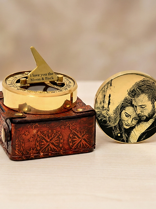 Custom coordinates engraved on a brass compass for an anniversary gift