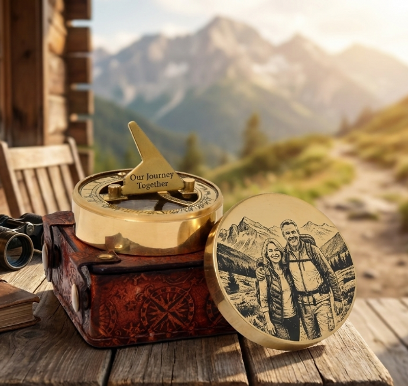 Personalized brass sundial compass at golden hour with engraved couple portrait