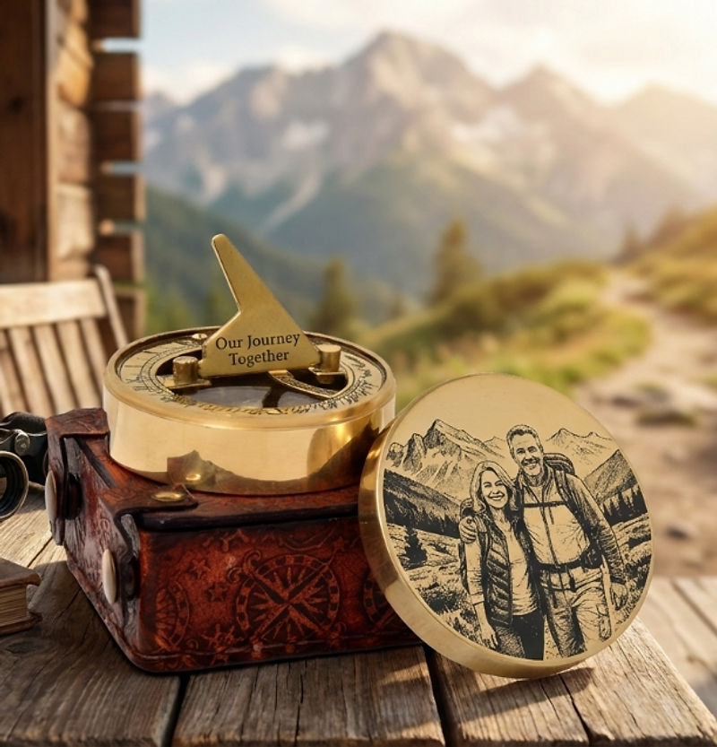 Personalized brass sundial compass at golden hour with engraved couple portrait