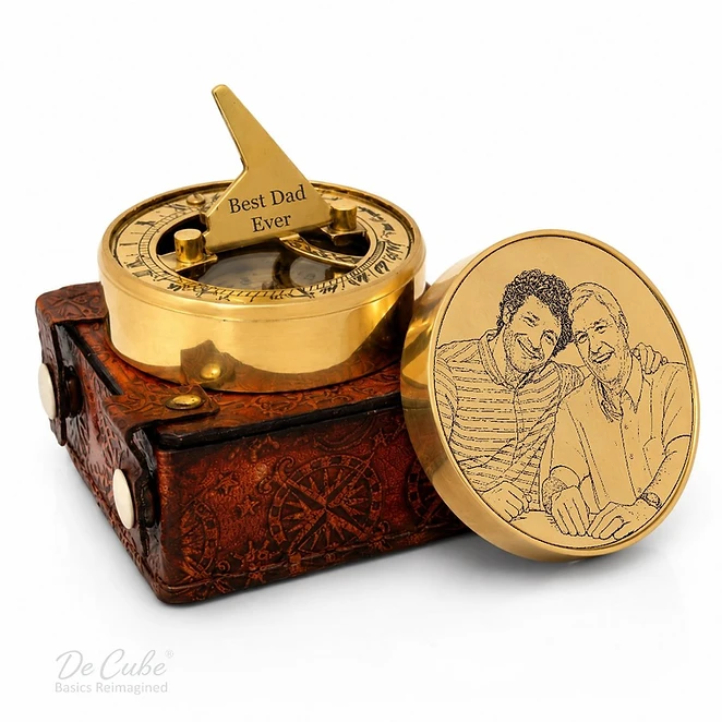 Personalized antique brass sundial compass open, showing engraved lid and sundial gnomon