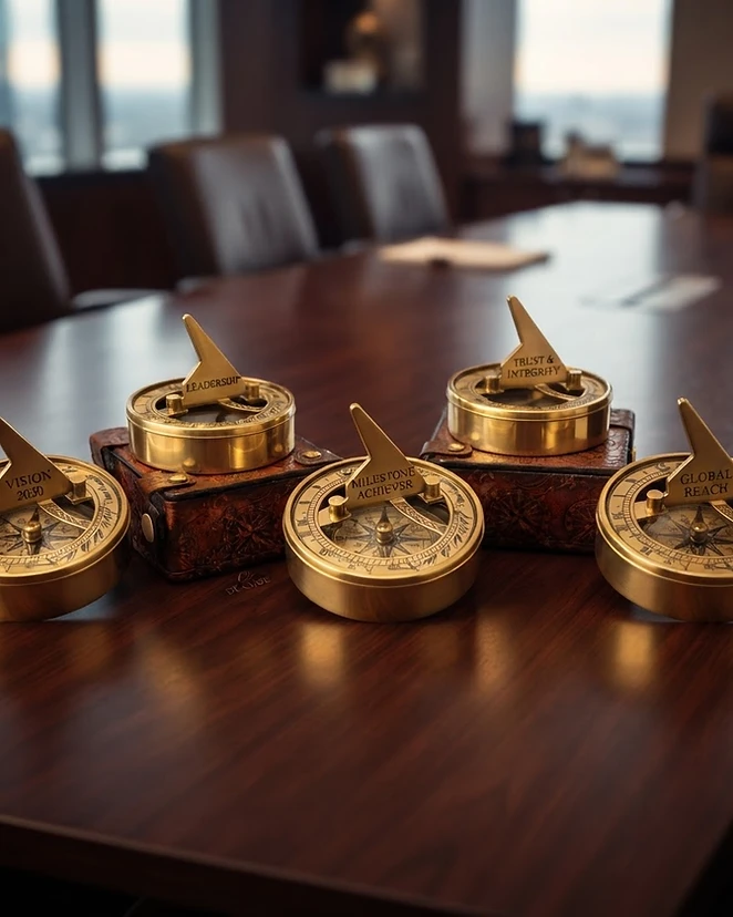 Multiple personalized antique brass compasses arranged for corporate gifting