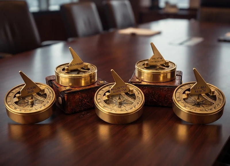 A set of brass sundial compasses engraved with corporate logos for bulk gifting