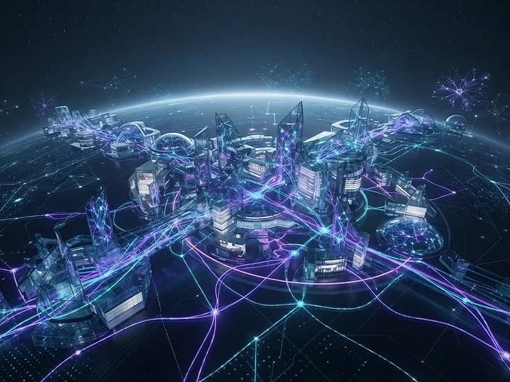 Abstract luminous glass structures forming a connected digital campus