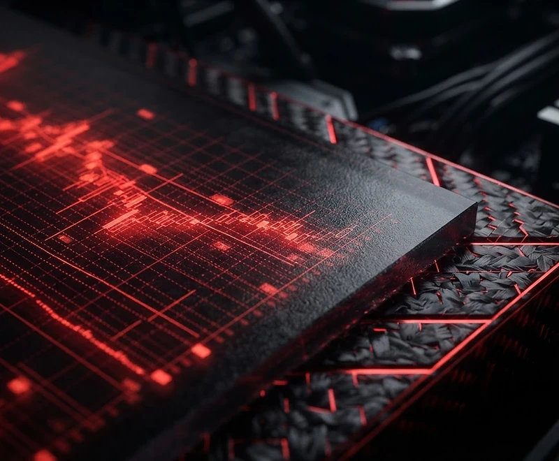 Holographic crimson candlestick chart projected on a graphite slab over a carbon-fiber base