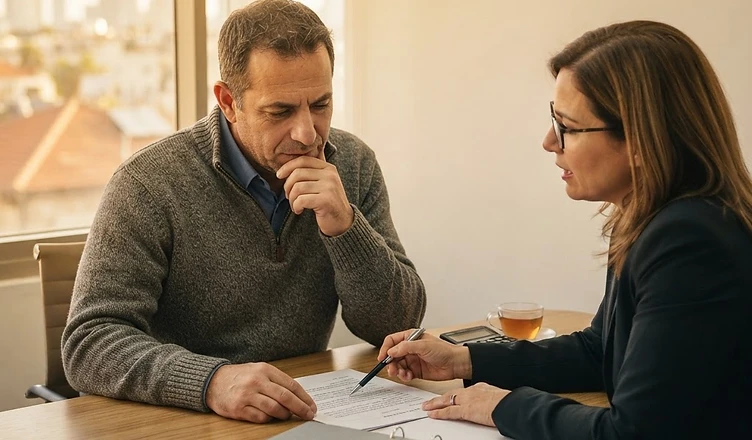 מחשבון שולחני עם דפי חשבונות וגרף ירידה של חובות כספיים