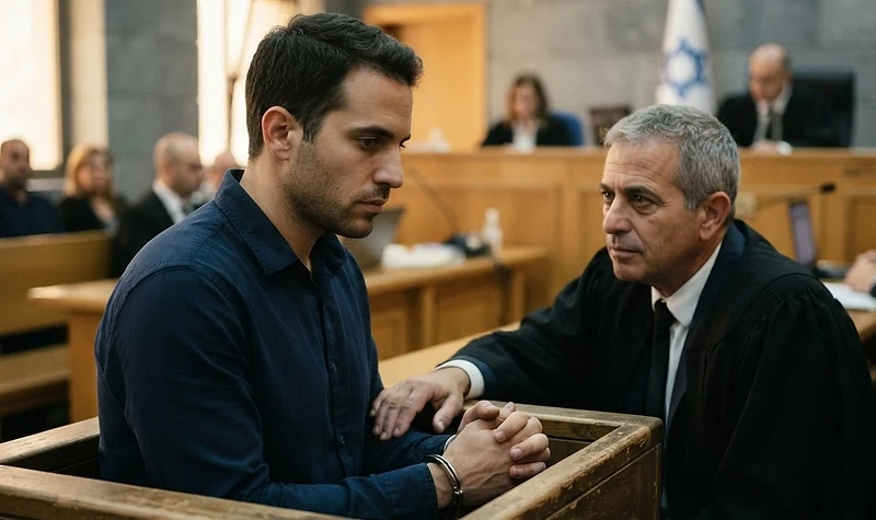 חשוד בחדר חקירות משטרתי מול חוקר במדים במהלך חקירה פלילית