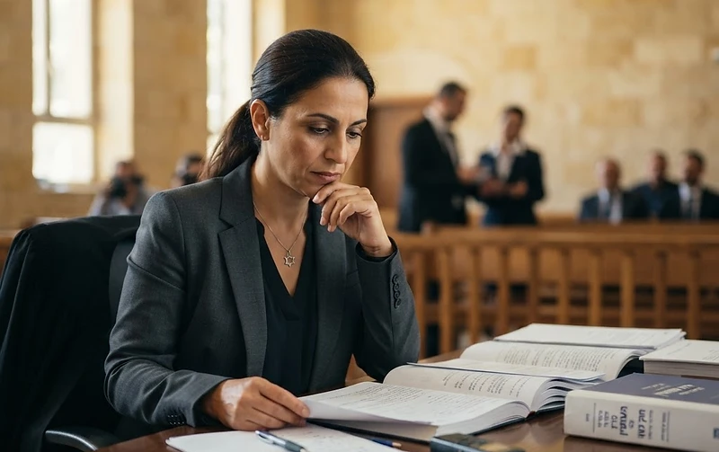 ספרי חוקים ופטיש שופטים על רקע שלט המדגיש את חומרת עבירות המין בחוק הישראלי