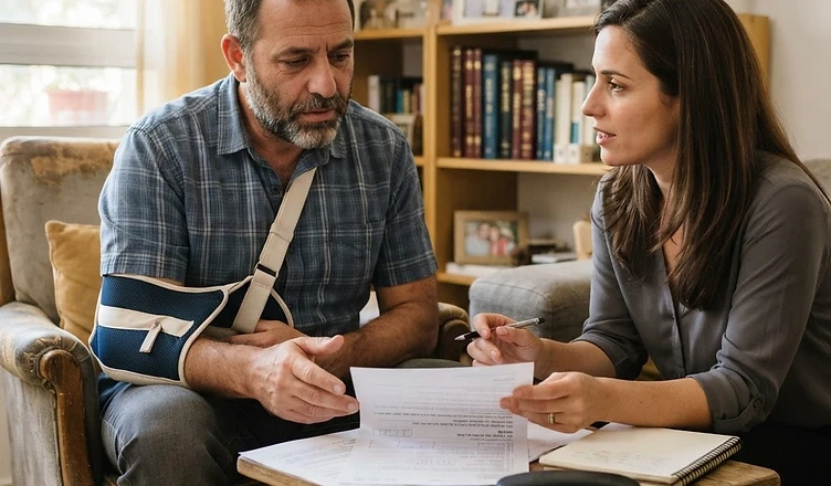רופא בוחן מסמכים רפואיים לצורך קביעת אחוזי נכות מעבודה בוועדה רפואית
