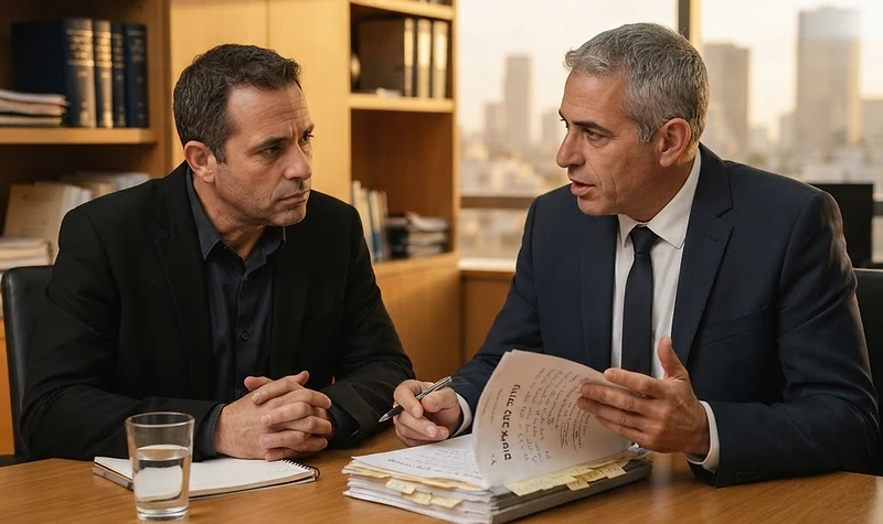 עורך דין פלילי מעיין בתיק מסמכים משפטי כחלק מהכנה להליך שימוע לפני הגשת כתב אישום