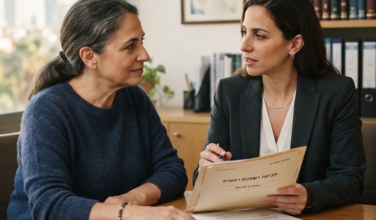 תיק מסמכים רפואיים ודוחות אבחון מונחים על שולחן עבודה משרדי