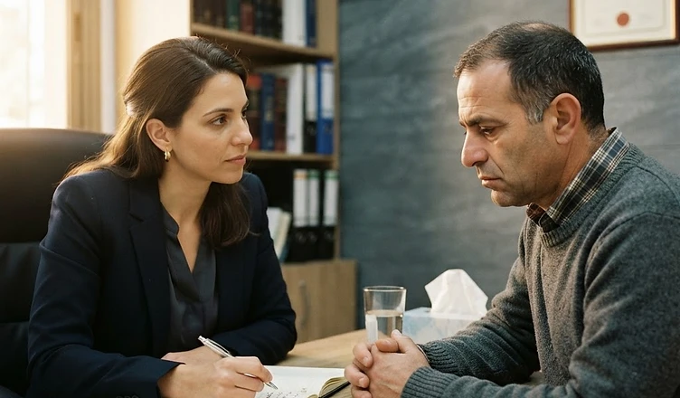 עורך דין פלילי מעיין בתיק משפטי במשרדו לצורך הכנת קו הגנה לנאשם