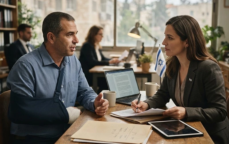 עורך דין מייעץ ללקוח בנושא תביעת דמי פגיעה מול הביטוח הלאומי