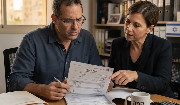 מסמכי מס הכנסה והודעת שומה על שולחן עבודה כחלק מתהליך הגשת השגה