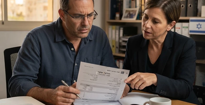 מסמכי מס הכנסה והודעת שומה על שולחן עבודה כחלק מתהליך הגשת השגה
