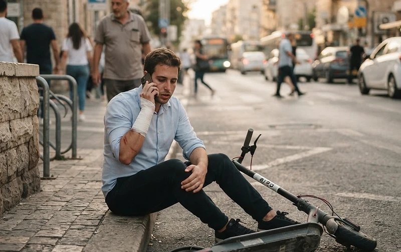 נפגע עומד לצד קורקינט חשמלי לאחר תאונת קורקינט חשמלי ברחוב עירוני