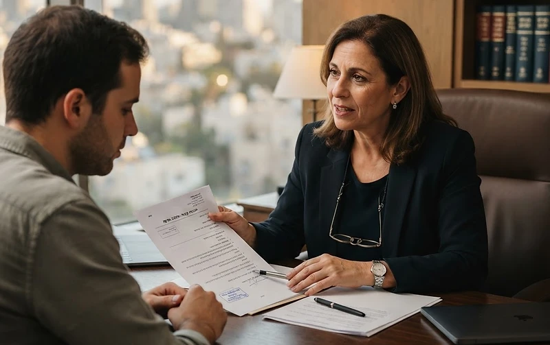 אדם בוחן מסמכים משפטיים לצד סמל בית המשפט לתביעות קטנות בשנת 2026