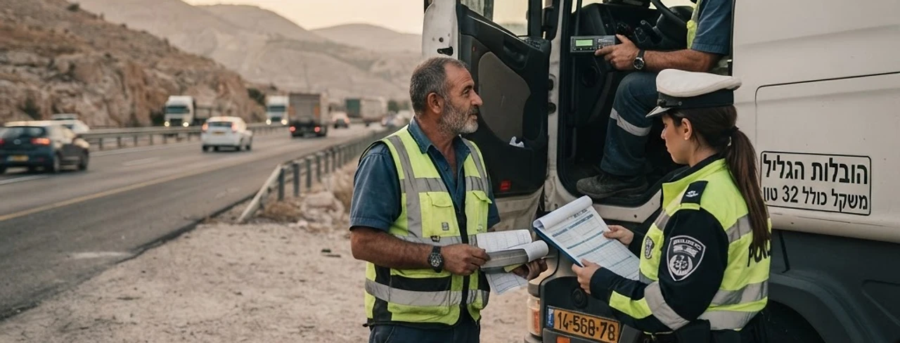 שוטר בודק טכוגרף במשאית כחלק מאכיפת עבירות נהגים מקצועיים בכבישי ישראל