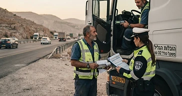 שוטר בודק טכוגרף במשאית כחלק מאכיפת עבירות נהגים מקצועיים בכבישי ישראל