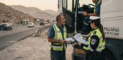 שוטר בודק טכוגרף במשאית כחלק מאכיפת עבירות נהגים מקצועיים בכבישי ישראל