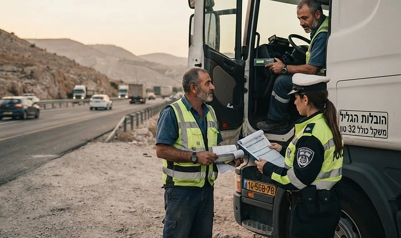 שוטר בודק טכוגרף במשאית כחלק מאכיפת עבירות נהגים מקצועיים בכבישי ישראל