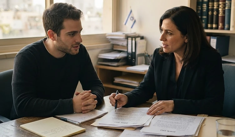 פטיש של שופט מונח על שולחן עץ לצד ספרי משפט עבי כרס