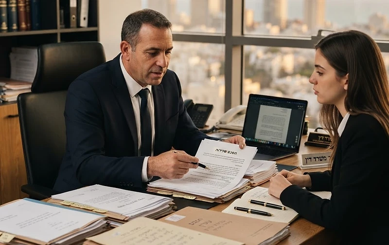 עורך דין אזרחי בוחן מסמכים משפטיים במשרדו לצורך ניהול תיק תביעה אזרחית