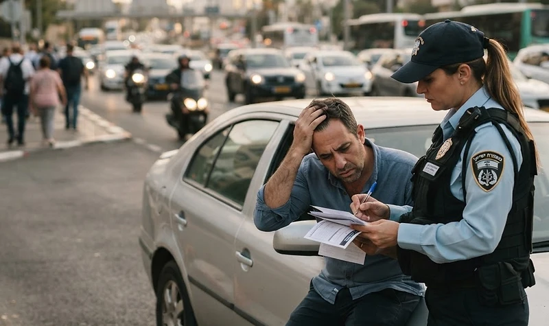 שוטר עוצר רכב לבדיקת רישיונות וביטוח במסגרת אכיפת נהיגה ללא ביטוח בכביש.