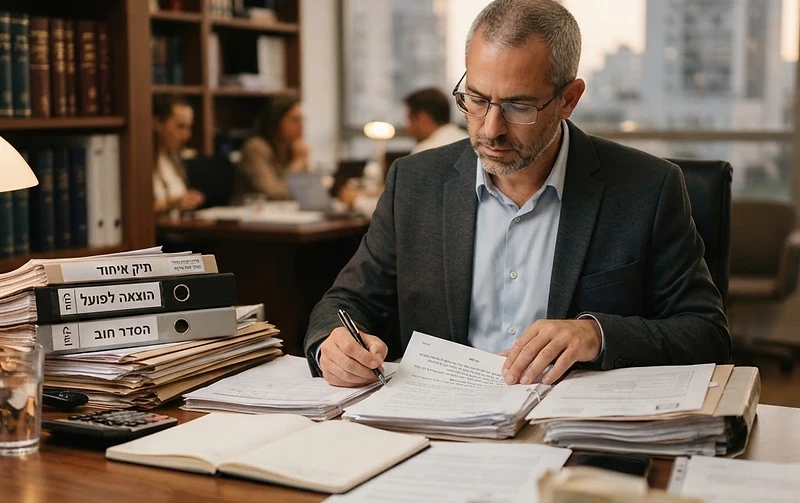 אדם בוחן מסמכים משפטיים בנושא איחוד תיקים בהוצאה לפועל