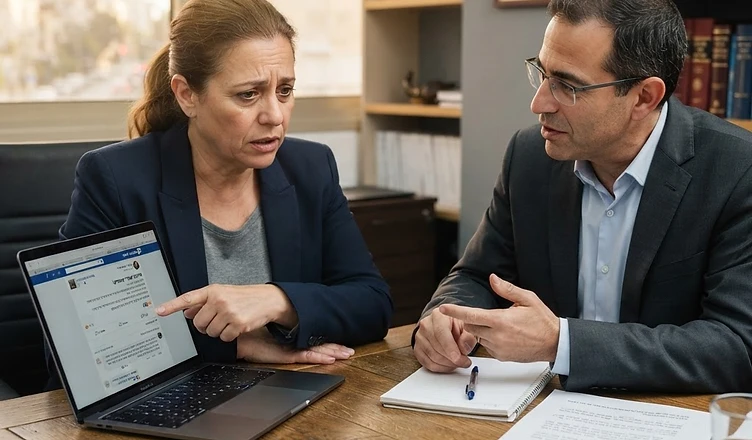 פטיש של שופט מונח על גבי מסמך משפטי עם סמלי רשתות חברתיות