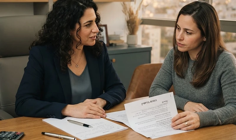 עורך דין לענייני משפחה מגיש מסמכי גירושין במשרד עם מחשבון וטבלאות עלויות