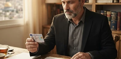 נהג מתוסכל מביט במסמכים רשמיים של שלילה רפואית מהמרב"ד