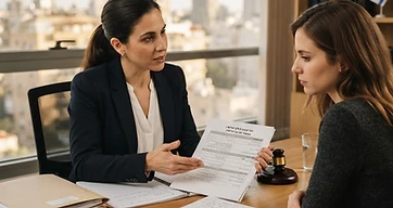 אישה וגבר יושבים עם עורך דין לגירושין כדי להבין כמה זמן לוקח תהליך גירושין
